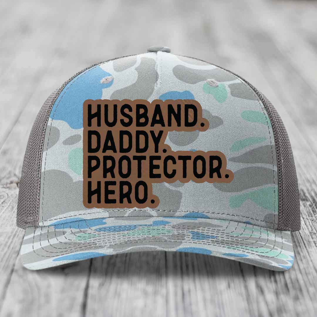Husband Daddy Protector Hero - Leather Patch Hat - Dark Brown to Black Patch - Richardson 112PFP Snapback Trucker Hat