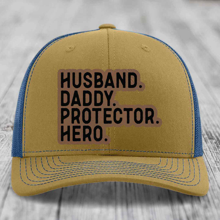 Husband Daddy Protector Hero - Leather Patch Hat - Dark Brown to Black Patch - Richardson 112 Snapback Trucker Hat