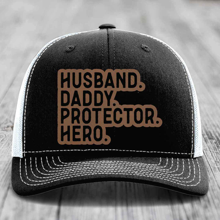 Husband Daddy Protector Hero - Leather Patch Hat - Dark Brown to Black Patch - Richardson 112 Snapback Trucker Hat