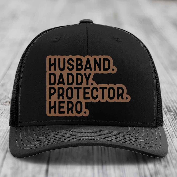Husband Daddy Protector Hero - Leather Patch Hat - Dark Brown to Black Patch - Richardson 112 Snapback Trucker Hat