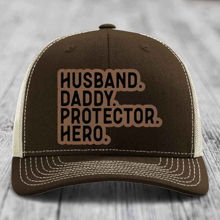 Husband Daddy Protector Hero - Leather Patch Hat - Dark Brown to Black Patch - Richardson 112 Snapback Trucker Hat