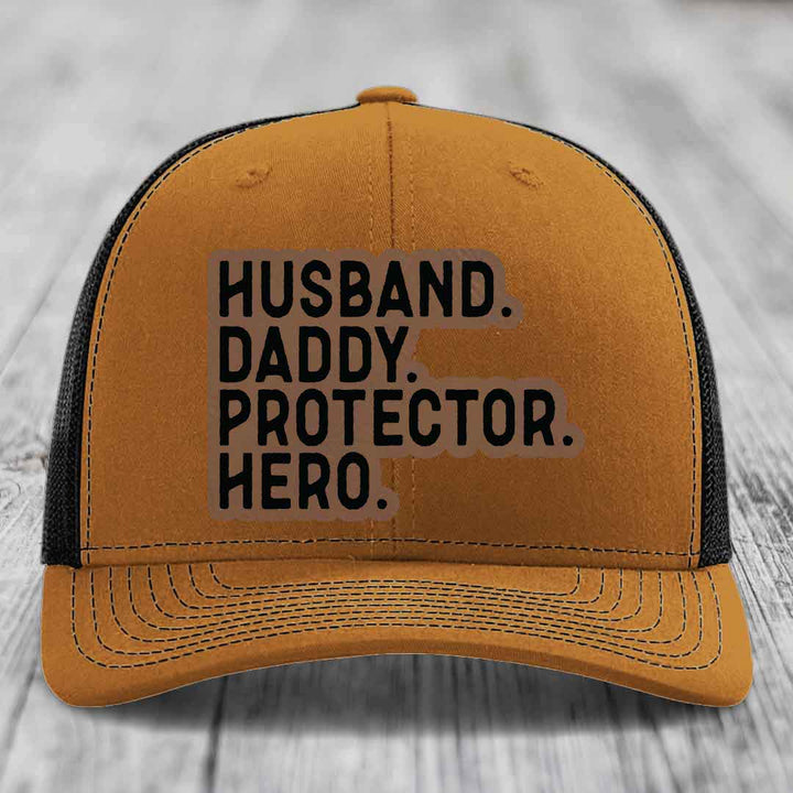 Husband Daddy Protector Hero - Leather Patch Hat - Dark Brown to Black Patch - Richardson 112 Snapback Trucker Hat