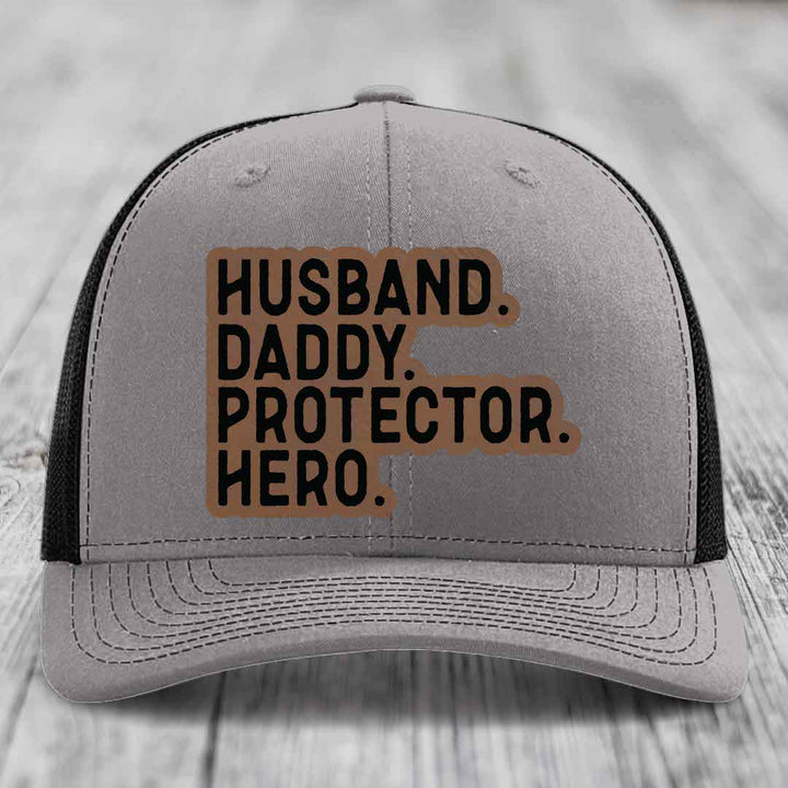 Husband Daddy Protector Hero - Leather Patch Hat - Dark Brown to Black Patch - Richardson 112 Snapback Trucker Hat