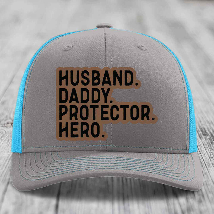 Husband Daddy Protector Hero - Leather Patch Hat - Dark Brown to Black Patch - Richardson 112 Snapback Trucker Hat