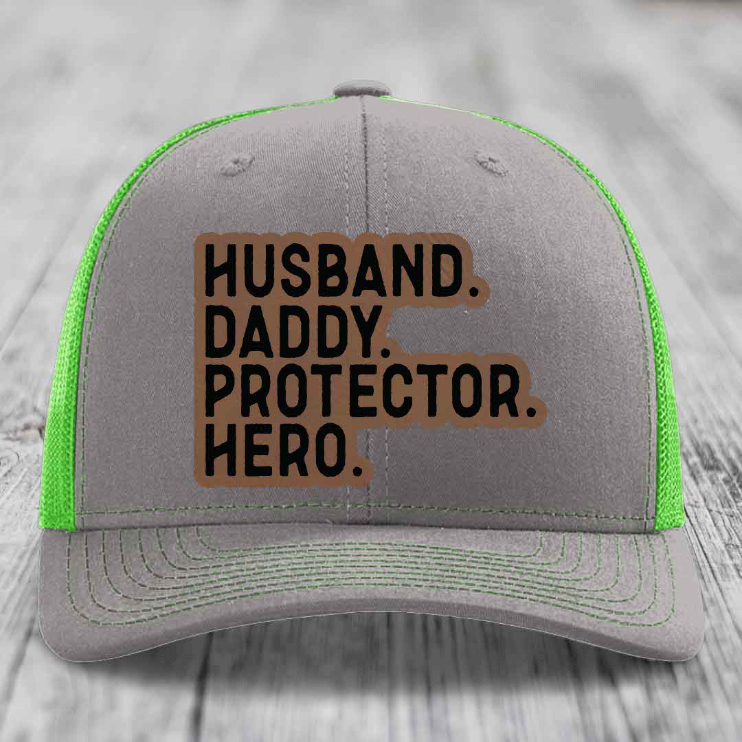 Husband Daddy Protector Hero - Leather Patch Hat - Dark Brown to Black Patch - Richardson 112 Snapback Trucker Hat