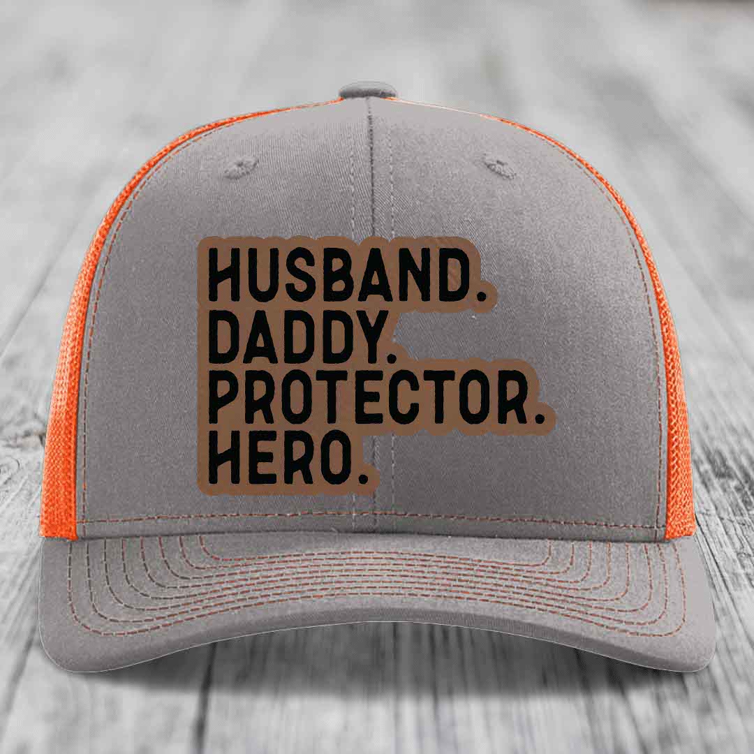 Husband Daddy Protector Hero - Leather Patch Hat - Dark Brown to Black Patch - Richardson 112 Snapback Trucker Hat