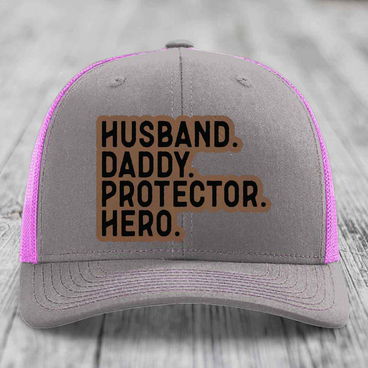 Husband Daddy Protector Hero - Leather Patch Hat - Dark Brown to Black Patch - Richardson 112 Snapback Trucker Hat