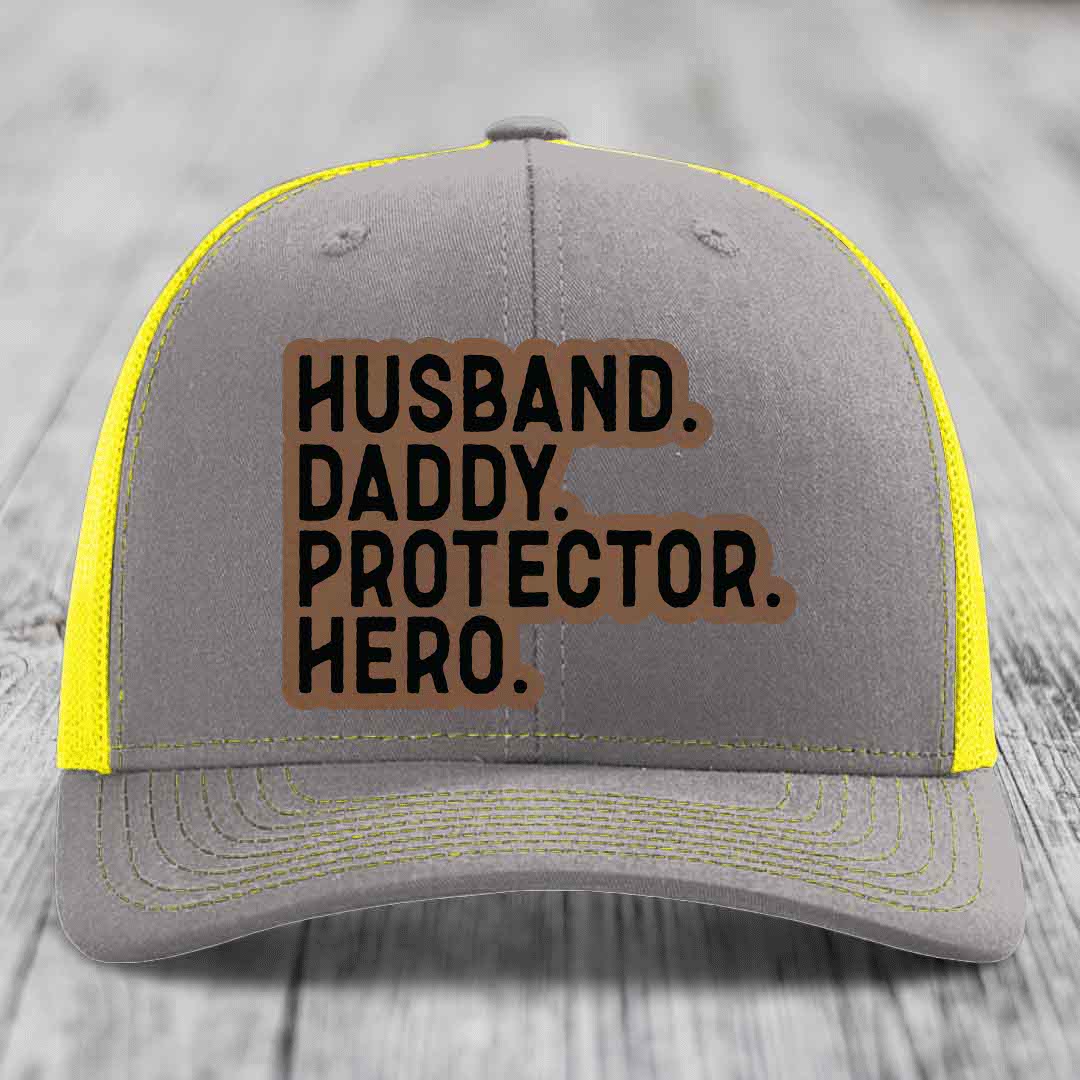 Husband Daddy Protector Hero - Leather Patch Hat - Dark Brown to Black Patch - Richardson 112 Snapback Trucker Hat