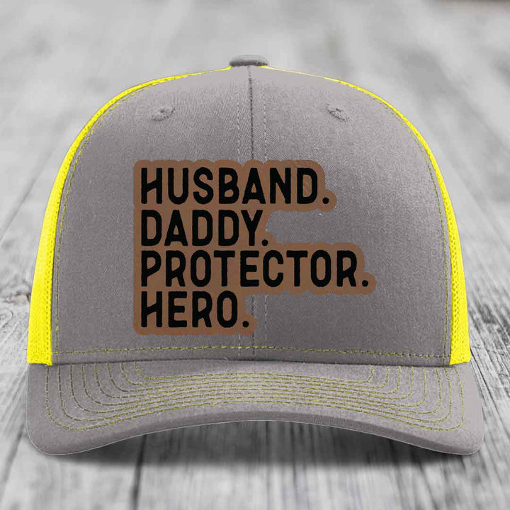 Husband Daddy Protector Hero - Leather Patch Hat - Dark Brown to Black Patch - Richardson 112 Snapback Trucker Hat