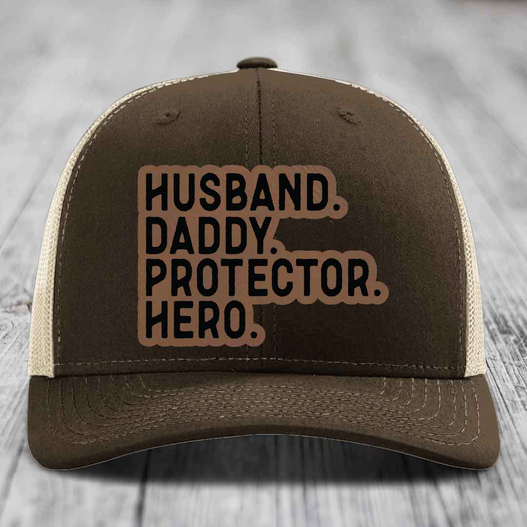 Husband Daddy Protector Hero - Leather Patch Hat - Dark Brown to Black Patch - Richardson 112 Snapback Trucker Hat