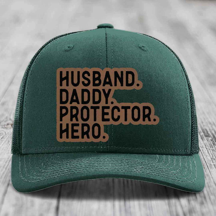 Husband Daddy Protector Hero - Leather Patch Hat - Dark Brown to Black Patch - Richardson 112 Snapback Trucker Hat