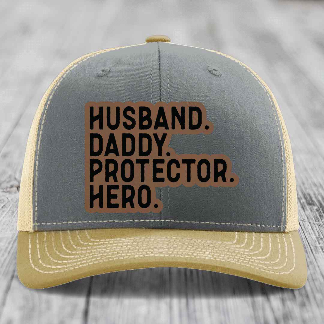 Husband Daddy Protector Hero - Leather Patch Hat - Dark Brown to Black Patch - Richardson 112 Snapback Trucker Hat