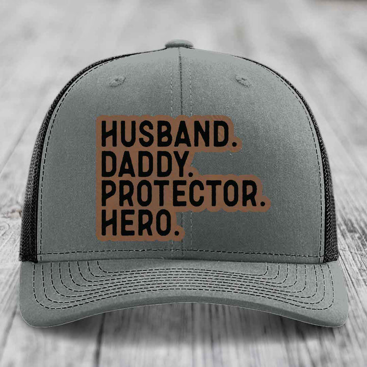 Husband Daddy Protector Hero - Leather Patch Hat - Dark Brown to Black Patch - Richardson 112 Snapback Trucker Hat