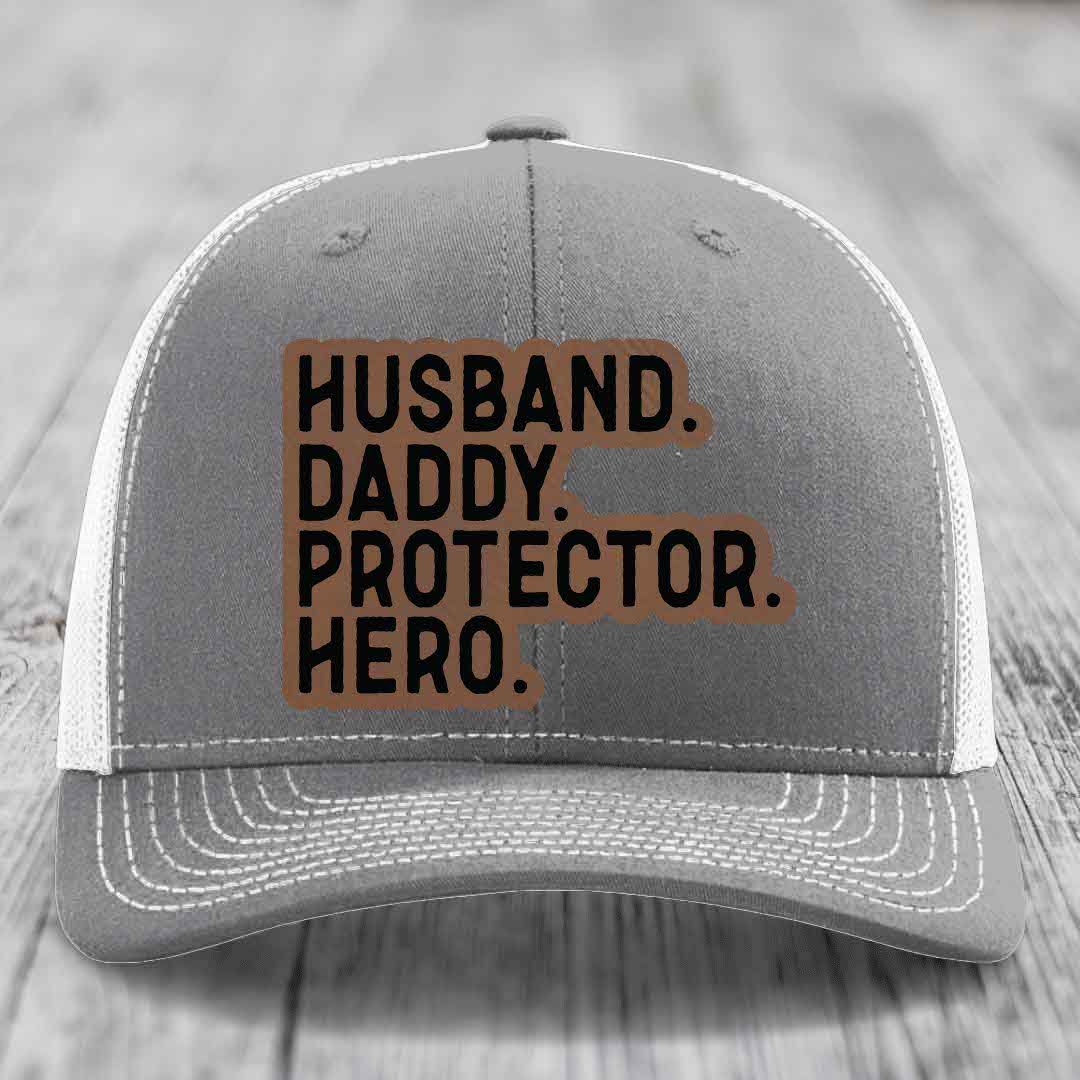 Husband Daddy Protector Hero - Leather Patch Hat - Dark Brown to Black Patch - Richardson 112 Snapback Trucker Hat