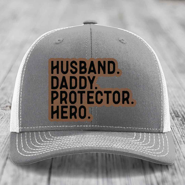 Husband Daddy Protector Hero - Leather Patch Hat - Dark Brown to Black Patch - Richardson 112 Snapback Trucker Hat
