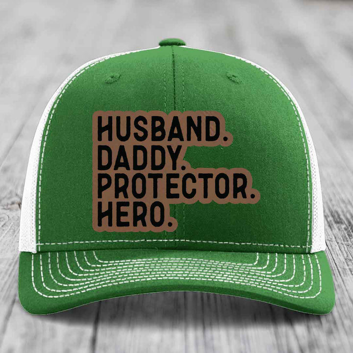 Husband Daddy Protector Hero - Leather Patch Hat - Dark Brown to Black Patch - Richardson 112 Snapback Trucker Hat