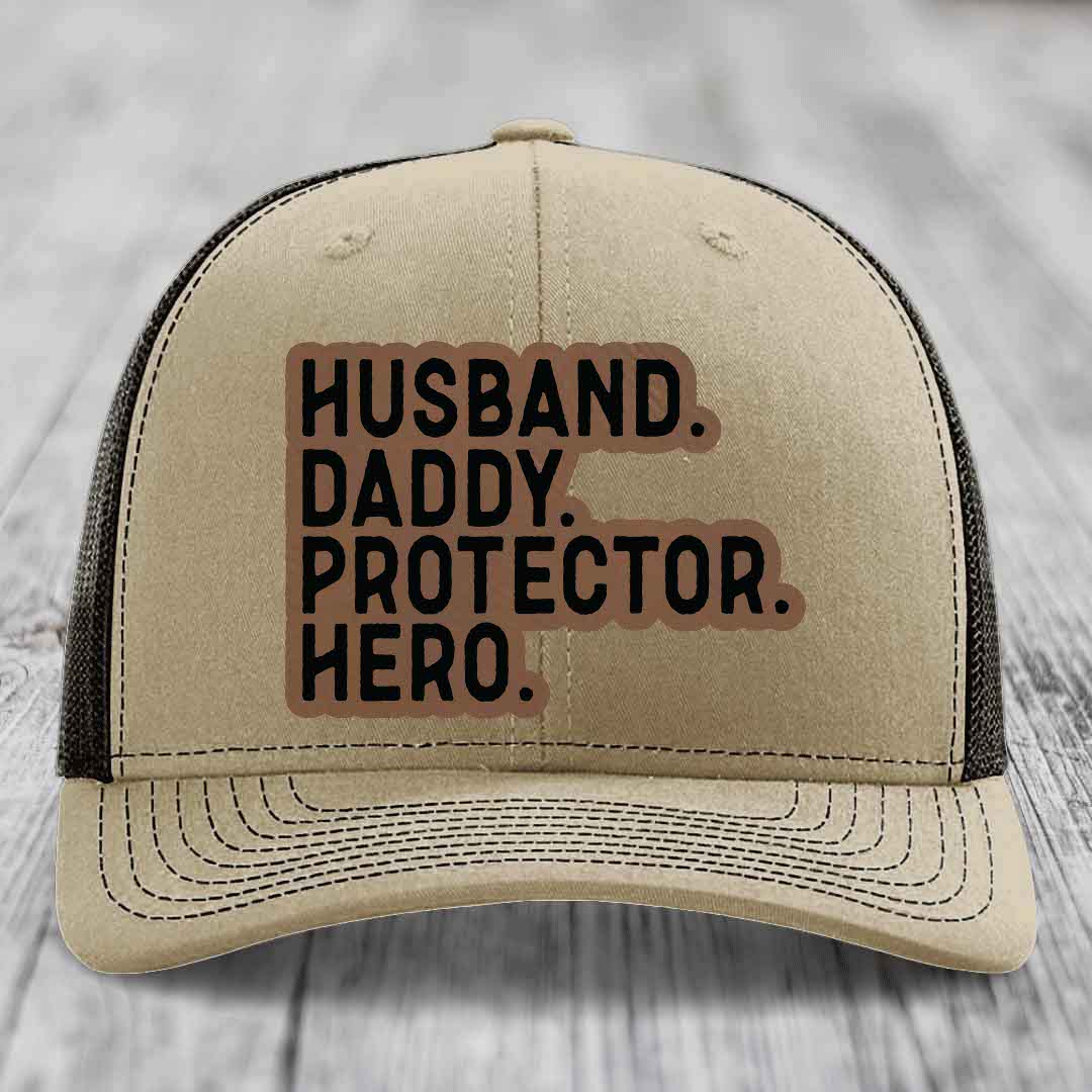 Husband Daddy Protector Hero - Leather Patch Hat - Dark Brown to Black Patch - Richardson 112 Snapback Trucker Hat
