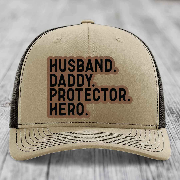 Husband Daddy Protector Hero - Leather Patch Hat - Dark Brown to Black Patch - Richardson 112 Snapback Trucker Hat
