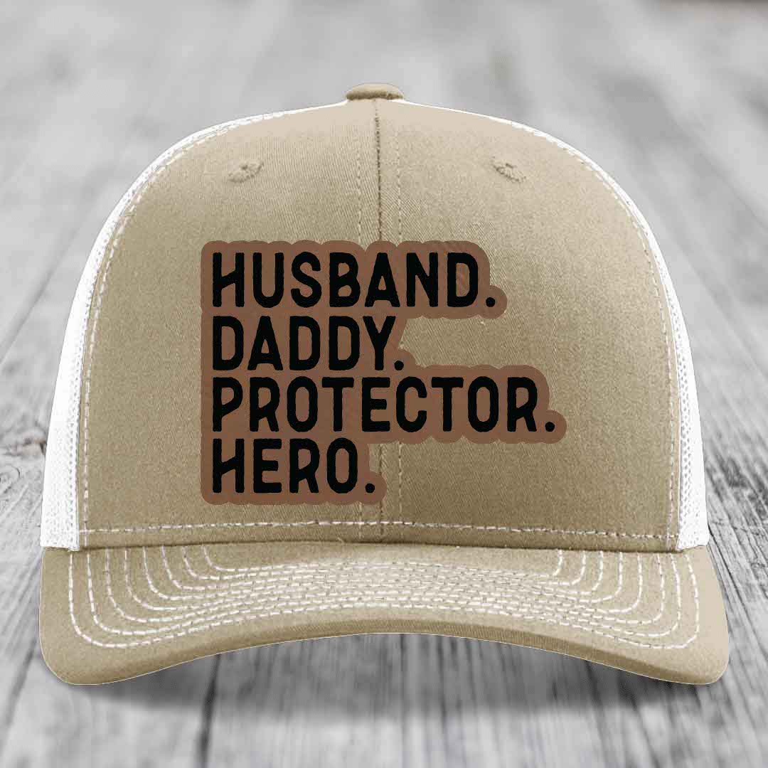 Husband Daddy Protector Hero - Leather Patch Hat - Dark Brown to Black Patch - Richardson 112 Snapback Trucker Hat