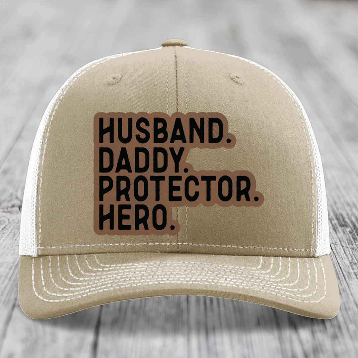 Husband Daddy Protector Hero - Leather Patch Hat - Dark Brown to Black Patch - Richardson 112 Snapback Trucker Hat