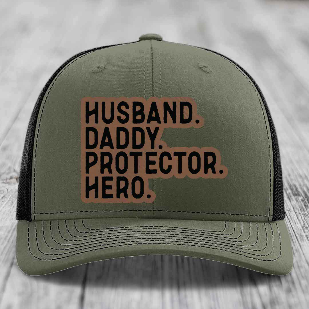 Husband Daddy Protector Hero - Leather Patch Hat - Dark Brown to Black Patch - Richardson 112 Snapback Trucker Hat