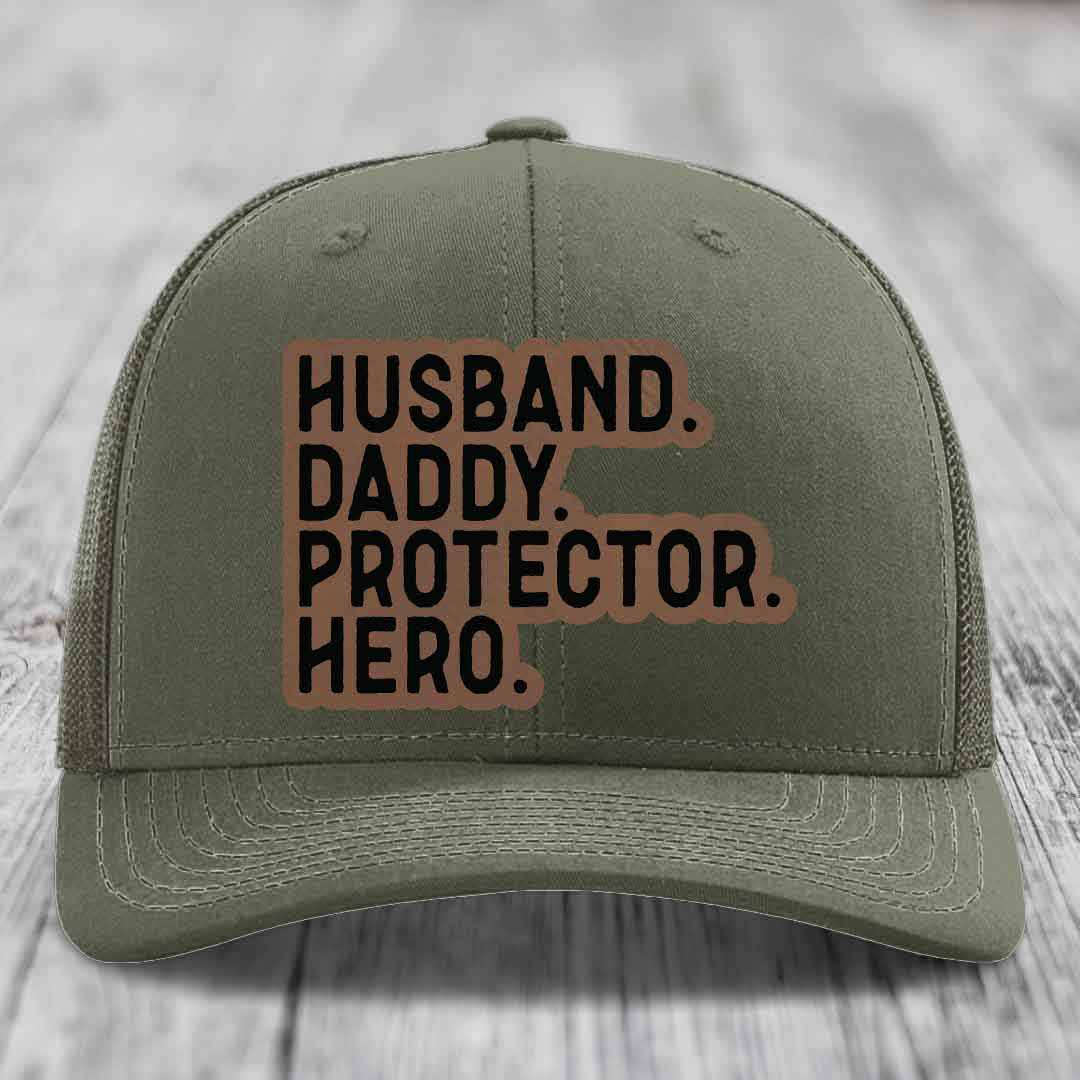 Husband Daddy Protector Hero - Leather Patch Hat - Dark Brown to Black Patch - Richardson 112 Snapback Trucker Hat