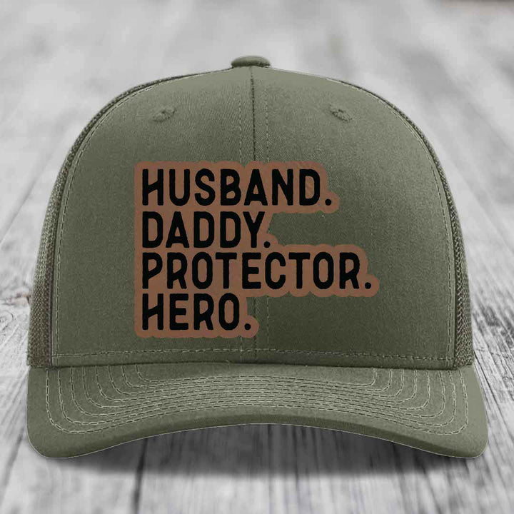 Husband Daddy Protector Hero - Leather Patch Hat - Dark Brown to Black Patch - Richardson 112 Snapback Trucker Hat