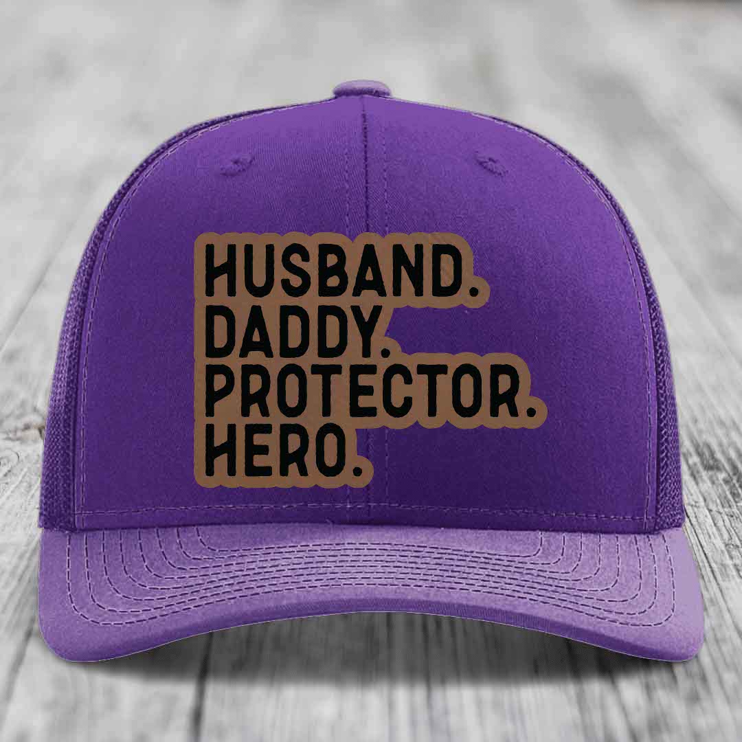 Husband Daddy Protector Hero - Leather Patch Hat - Dark Brown to Black Patch - Richardson 112 Snapback Trucker Hat