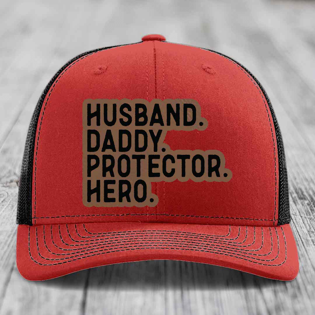 Husband Daddy Protector Hero - Leather Patch Hat - Dark Brown to Black Patch - Richardson 112 Snapback Trucker Hat