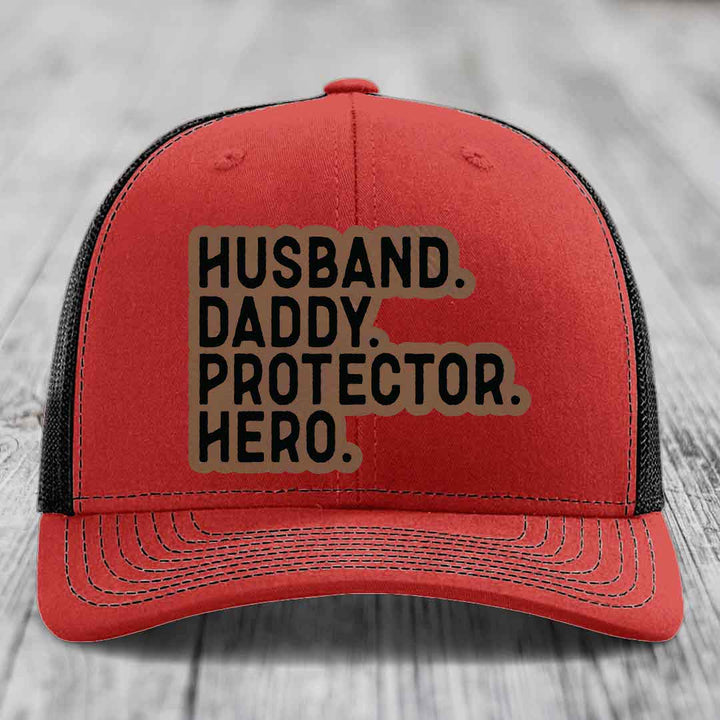 Husband Daddy Protector Hero - Leather Patch Hat - Dark Brown to Black Patch - Richardson 112 Snapback Trucker Hat