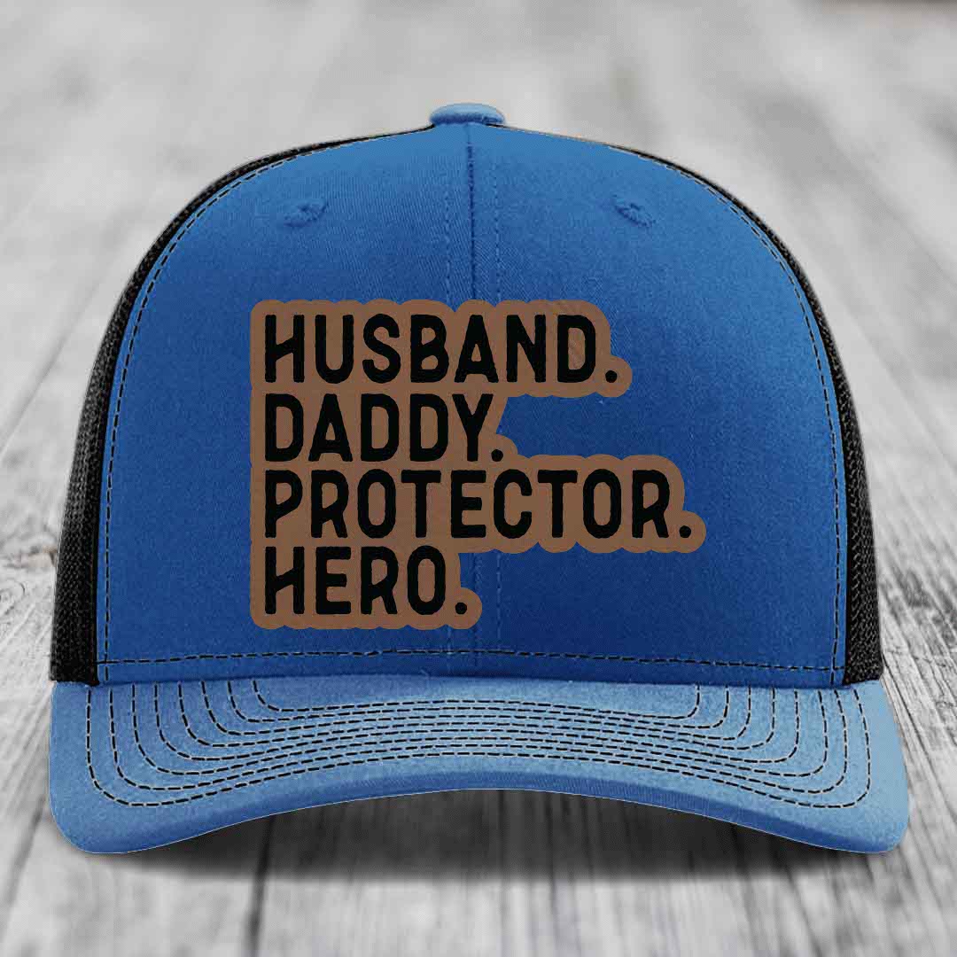 Husband Daddy Protector Hero - Leather Patch Hat - Dark Brown to Black Patch - Richardson 112 Snapback Trucker Hat