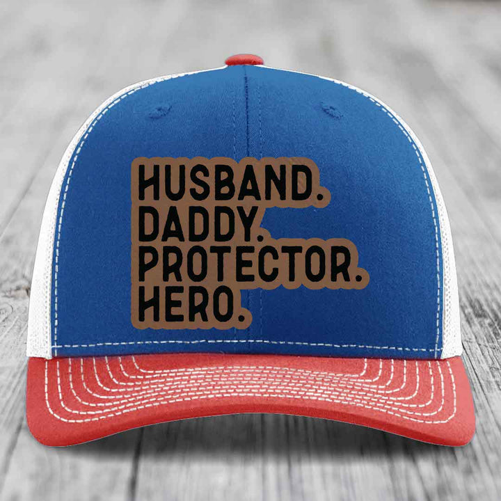 Husband Daddy Protector Hero - Leather Patch Hat - Dark Brown to Black Patch - Richardson 112 Snapback Trucker Hat