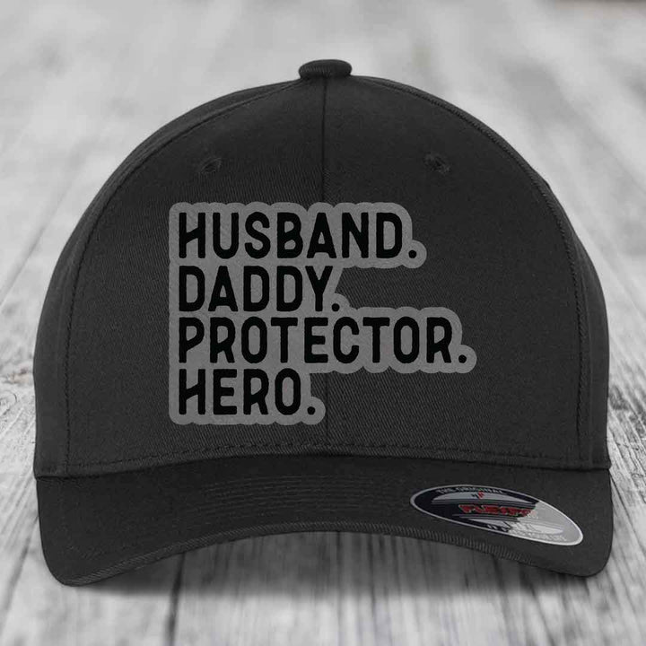 Husband Daddy Protector Hero - Leather Patch Hat - Grey to Black Patch - Flexfit 6277 Fitted Hat