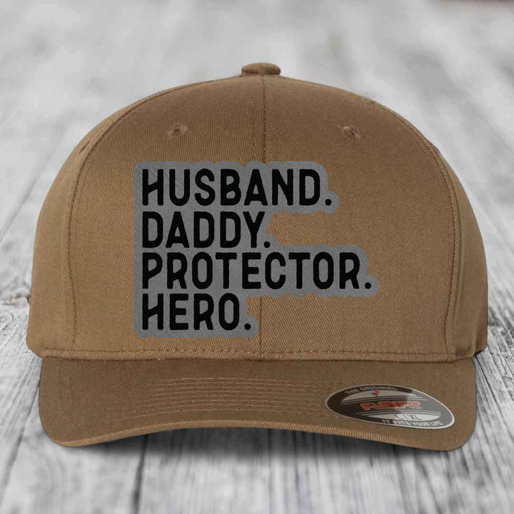 Husband Daddy Protector Hero - Leather Patch Hat - Grey to Black Patch - Flexfit 6277 Fitted Hat