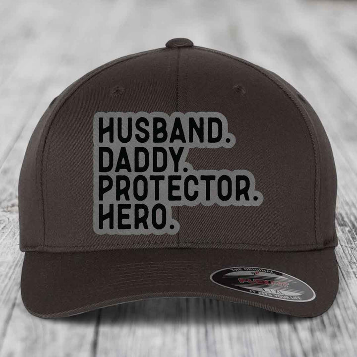 Husband Daddy Protector Hero - Leather Patch Hat - Grey to Black Patch - Flexfit 6277 Fitted Hat