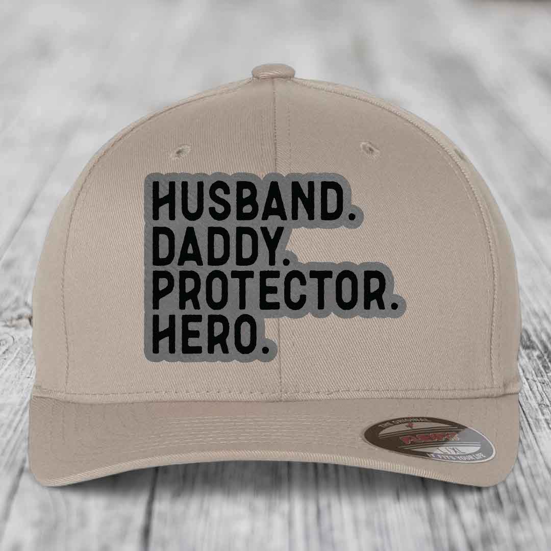 Husband Daddy Protector Hero - Leather Patch Hat - Grey to Black Patch - Flexfit 6277 Fitted Hat