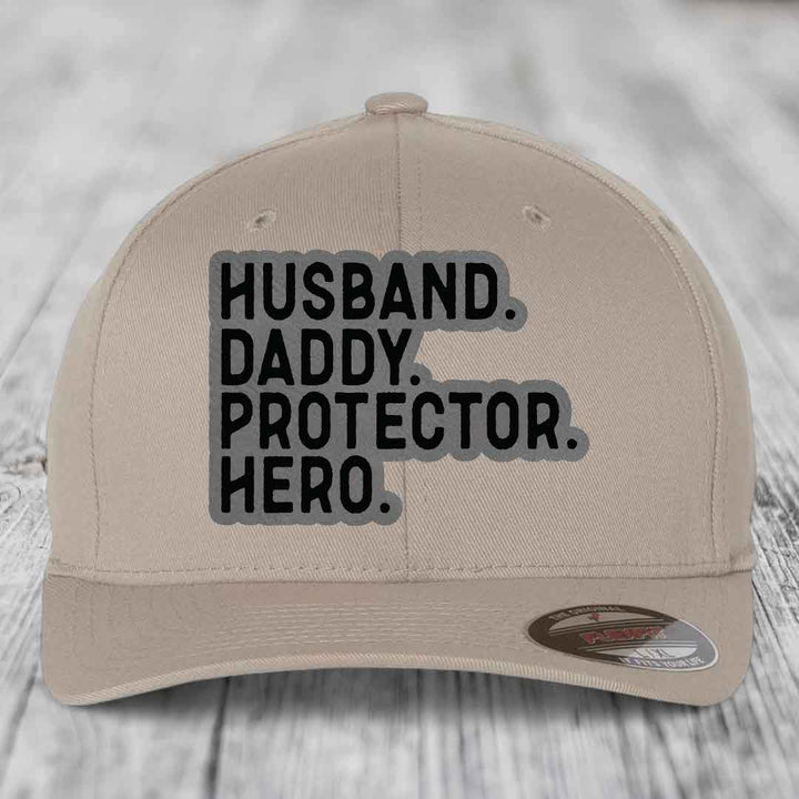 Husband Daddy Protector Hero - Leather Patch Hat - Grey to Black Patch - Flexfit 6277 Fitted Hat