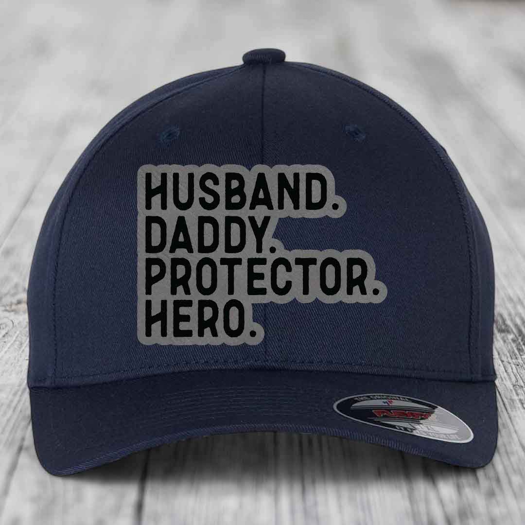 Husband Daddy Protector Hero - Leather Patch Hat - Grey to Black Patch - Flexfit 6277 Fitted Hat