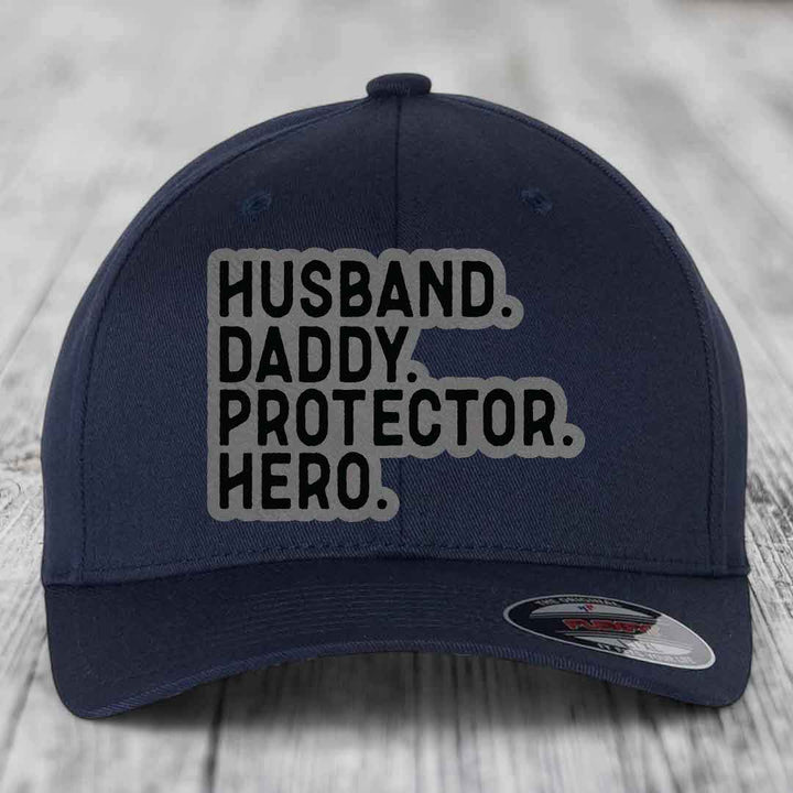 Husband Daddy Protector Hero - Leather Patch Hat - Grey to Black Patch - Flexfit 6277 Fitted Hat