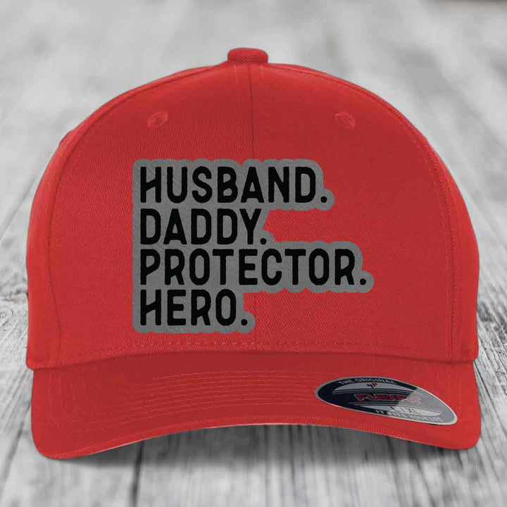 Husband Daddy Protector Hero - Leather Patch Hat - Grey to Black Patch - Flexfit 6277 Fitted Hat