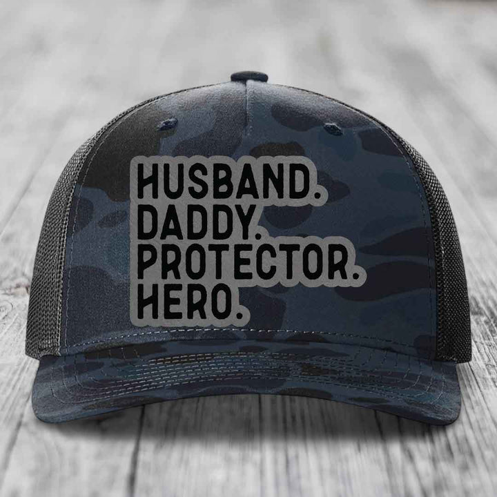 Husband Daddy Protector Hero - Leather Patch Hat - Grey to Black Patch - Richardson 112PFP Snapback Trucker Hat
