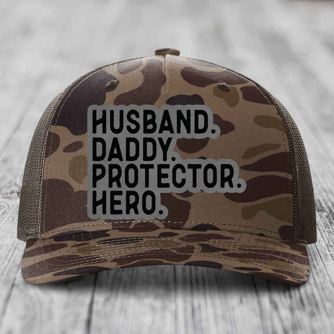 Husband Daddy Protector Hero - Leather Patch Hat - Grey to Black Patch - Richardson 112PFP Snapback Trucker Hat