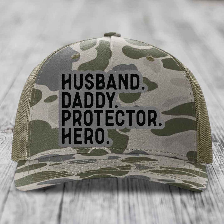 Husband Daddy Protector Hero - Leather Patch Hat - Grey to Black Patch - Richardson 112PFP Snapback Trucker Hat