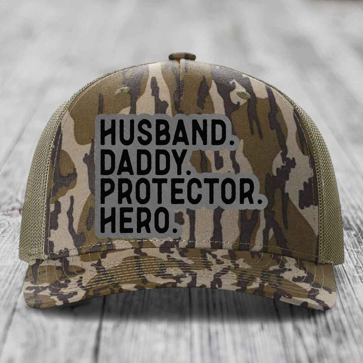 Husband Daddy Protector Hero - Leather Patch Hat - Grey to Black Patch - Richardson 112PFP Snapback Trucker Hat