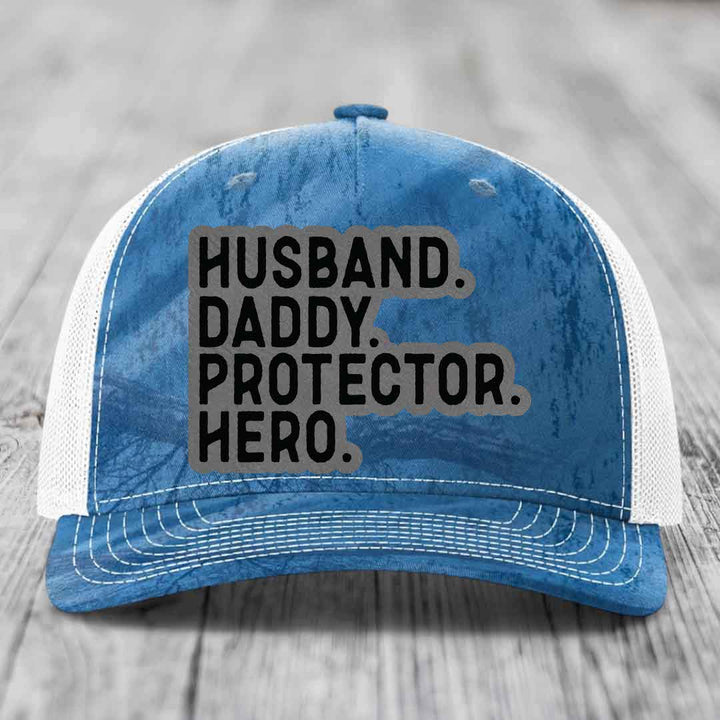 Husband Daddy Protector Hero - Leather Patch Hat - Grey to Black Patch - Richardson 112PFP Snapback Trucker Hat