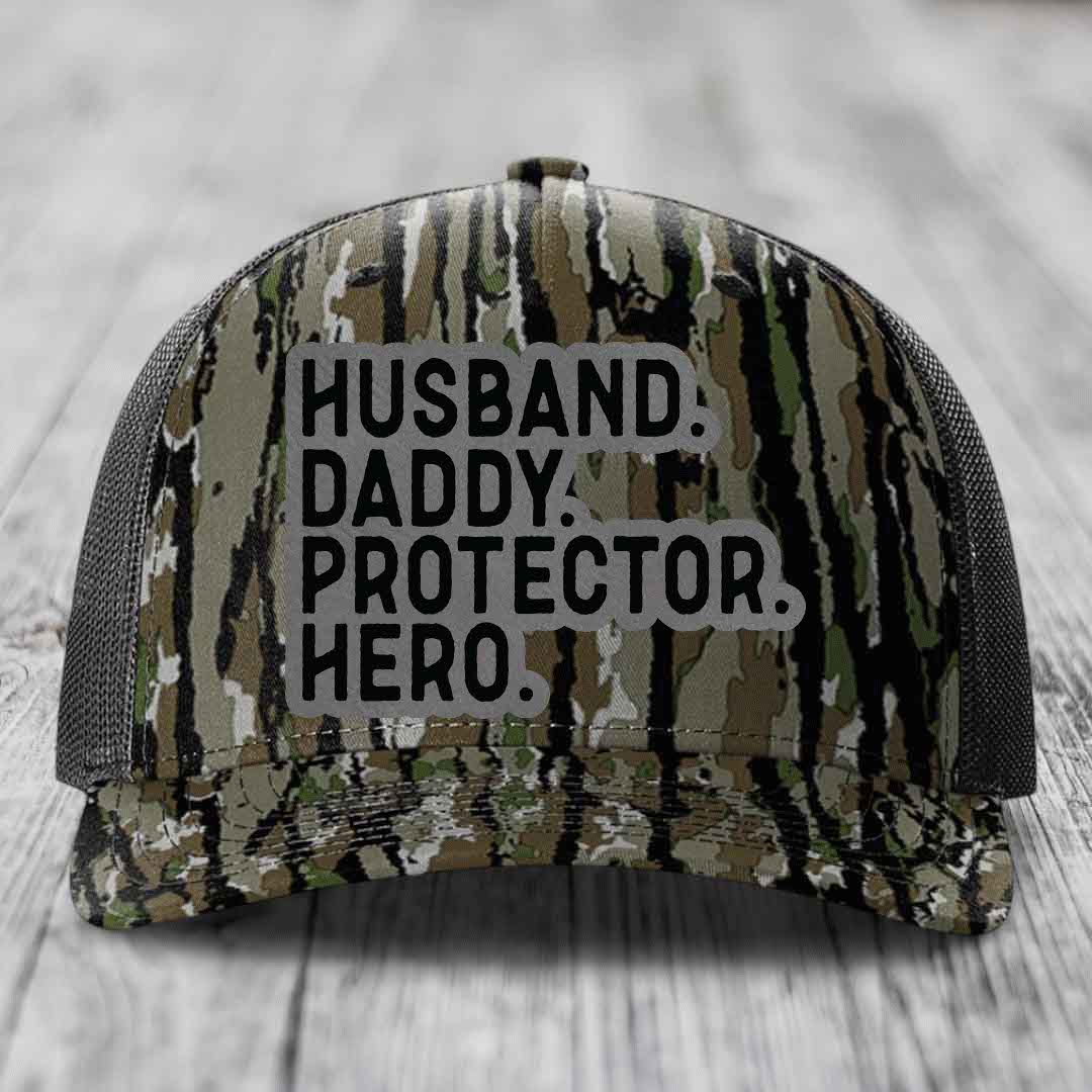 Husband Daddy Protector Hero - Leather Patch Hat - Grey to Black Patch - Richardson 112PFP Snapback Trucker Hat