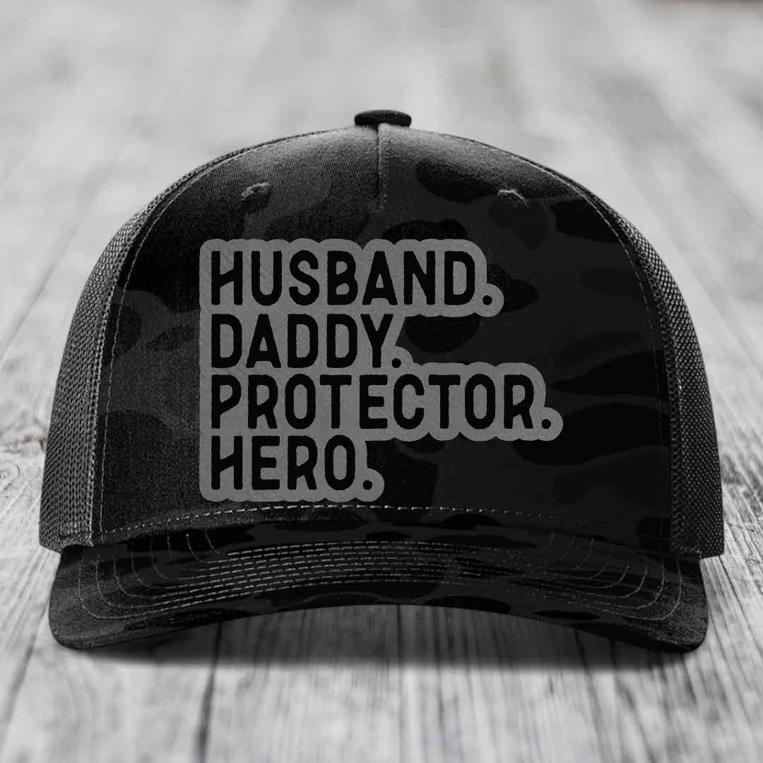 Husband Daddy Protector Hero - Leather Patch Hat - Grey to Black Patch - Richardson 112PFP Snapback Trucker Hat