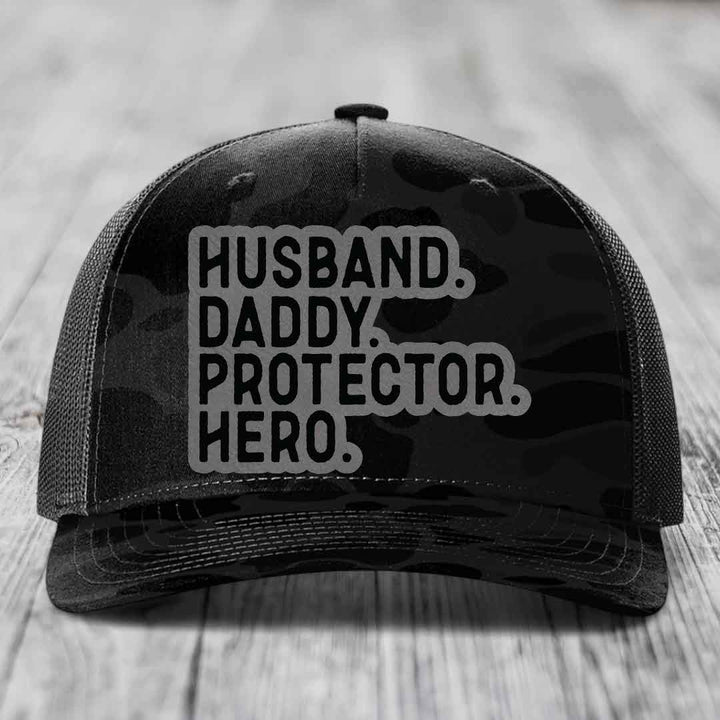 Husband Daddy Protector Hero - Leather Patch Hat - Grey to Black Patch - Richardson 112PFP Snapback Trucker Hat