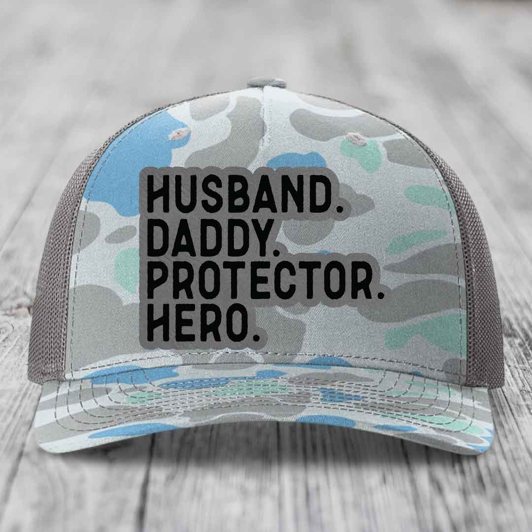 Husband Daddy Protector Hero - Leather Patch Hat - Grey to Black Patch - Richardson 112PFP Snapback Trucker Hat