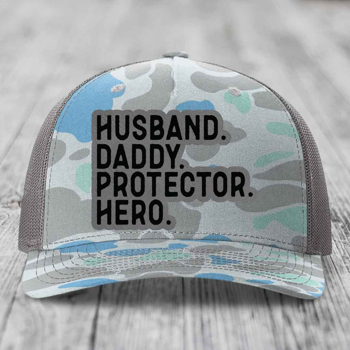 Husband Daddy Protector Hero - Leather Patch Hat - Grey to Black Patch - Richardson 112PFP Snapback Trucker Hat